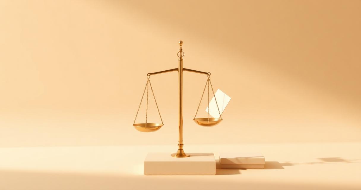 Editorial 3D illustration of golden balanced scales and layered cards on a warm cream background, symbolizing the decision between AI and human legal review.