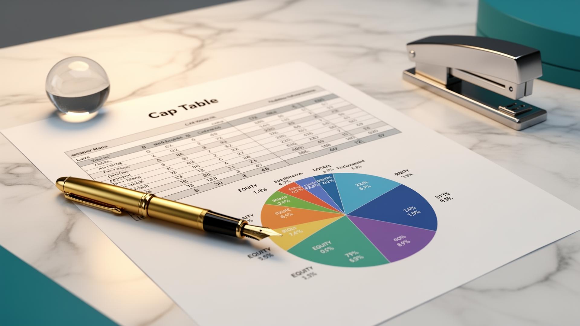 Photorealistic 3D render of professional cap table document with equity pie chart on white marble desk