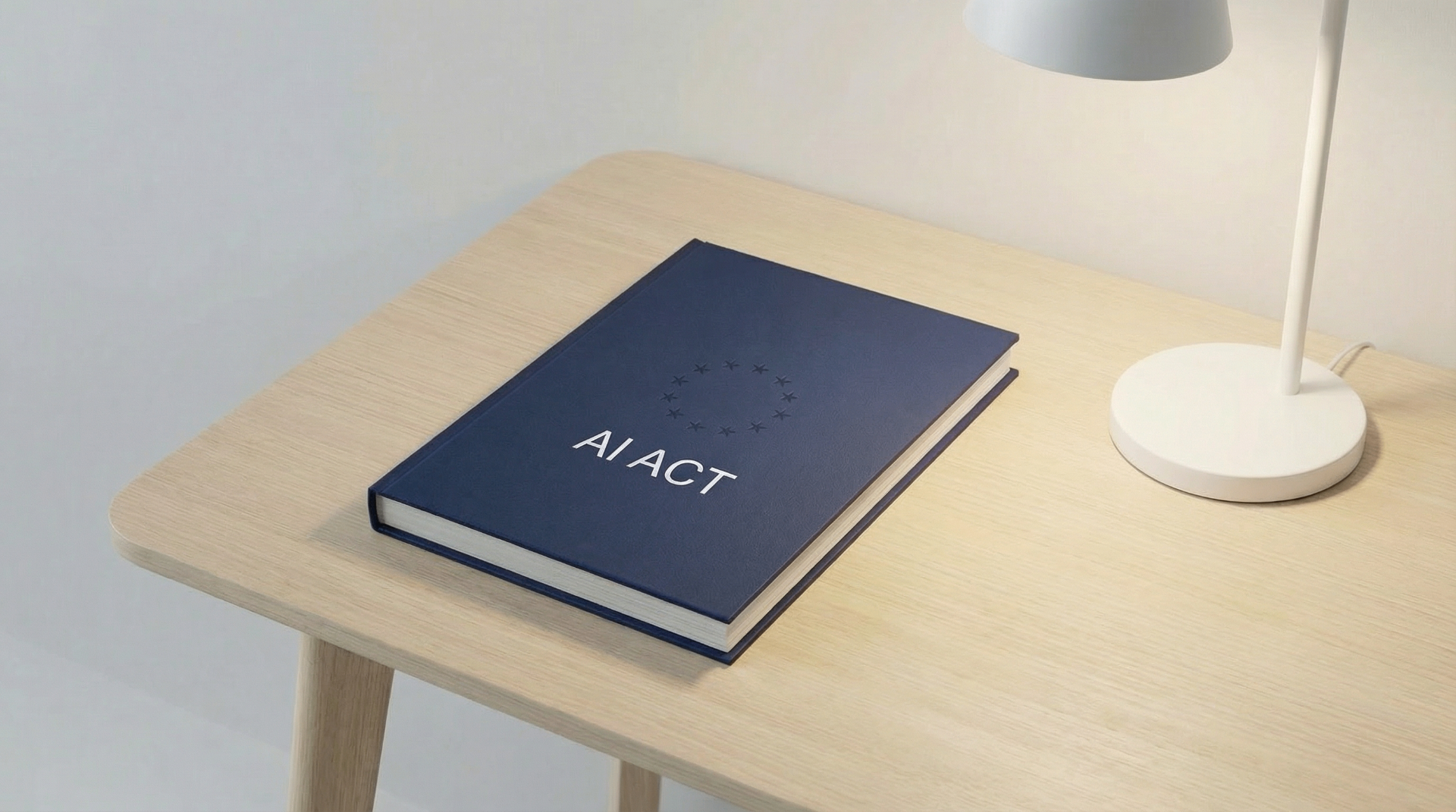 Blue book with AI ACT title and EU stars on wooden desk
