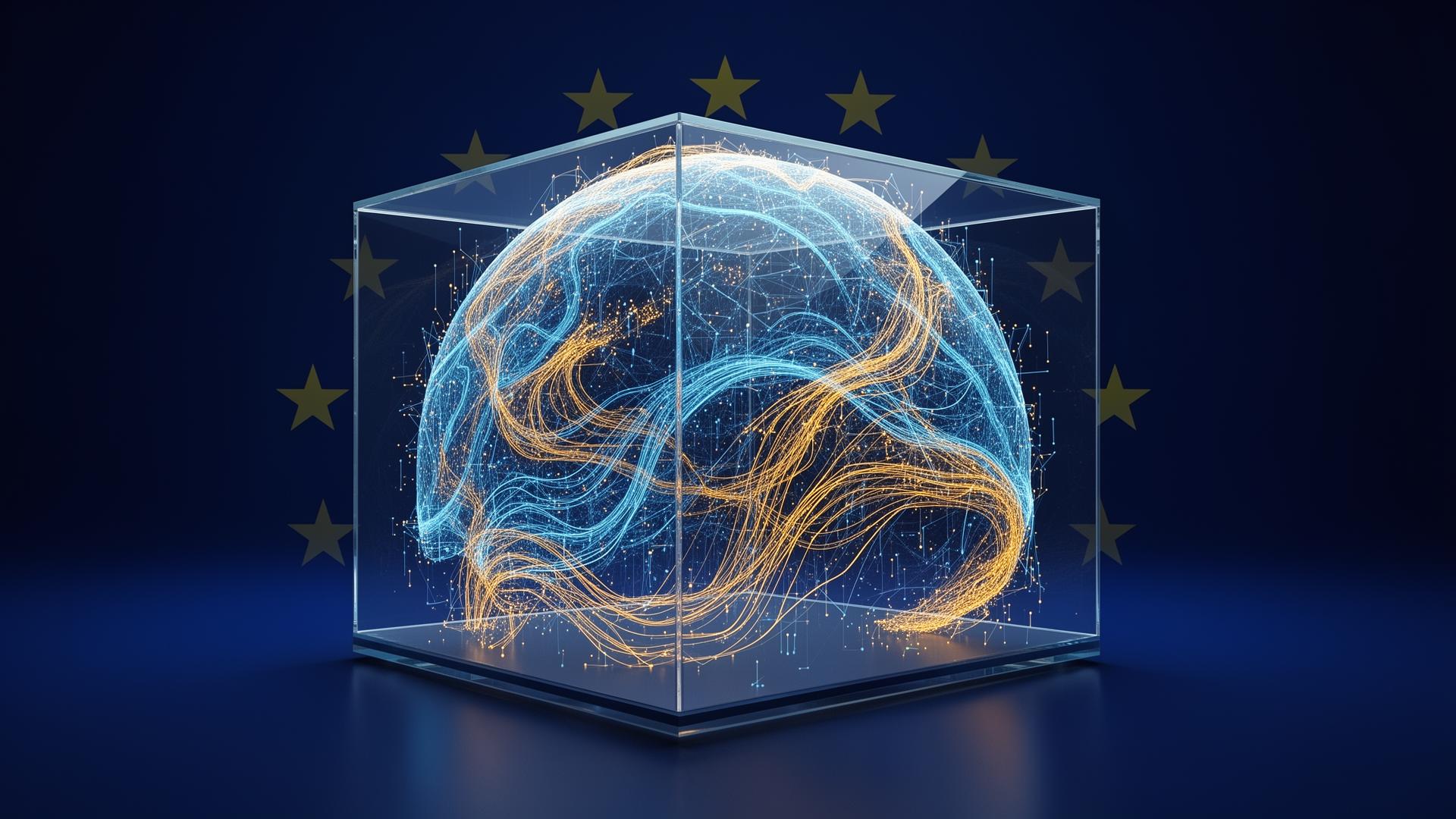 Abstract visualization of AI testing environment with EU regulatory framework - neural network in transparent glass cube with EU stars