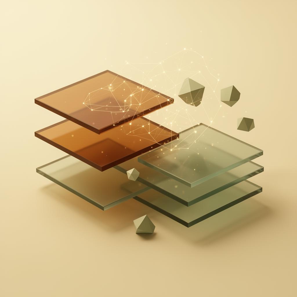 Abstract editorial illustration of layered glass tiles and interconnected governance nodes representing EU AI Act readiness