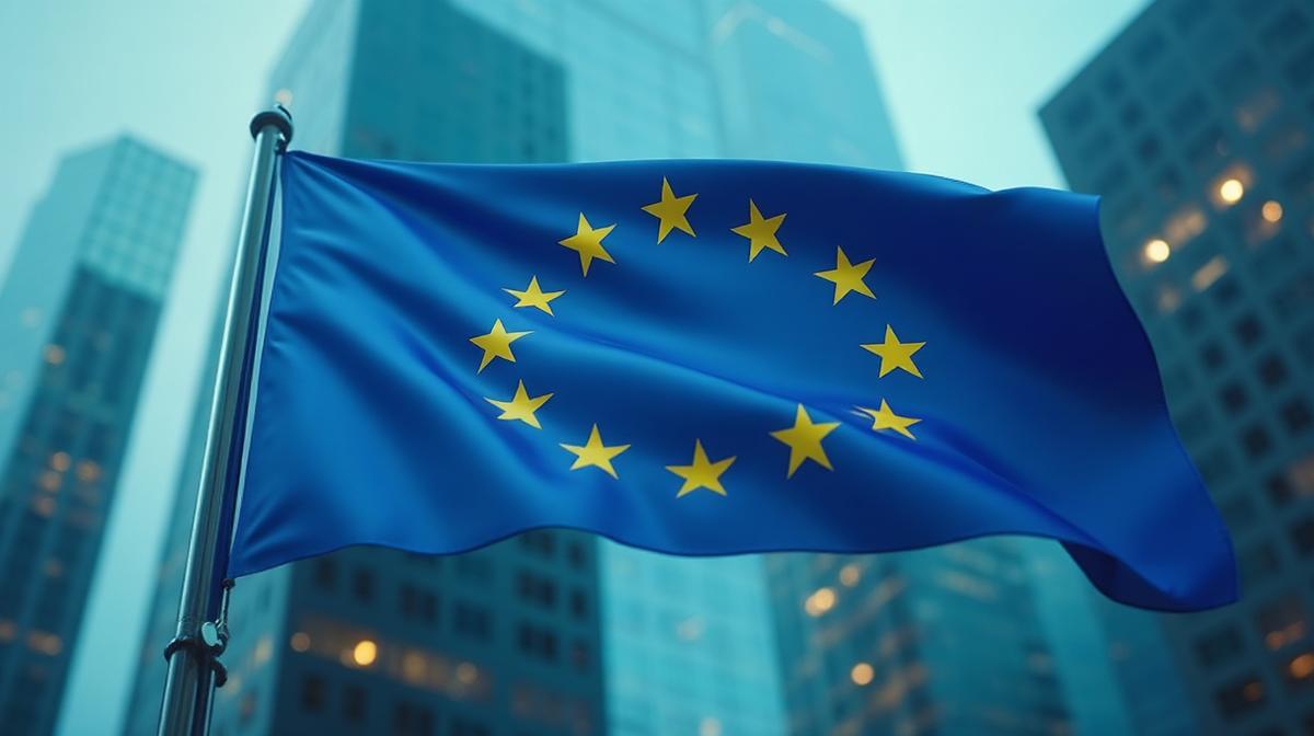 European Union flag with modern corporate buildings representing the EU-INC unified business framework