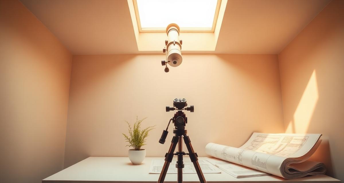 Telescope pointing through skylight with golden light representing startup funding ambition