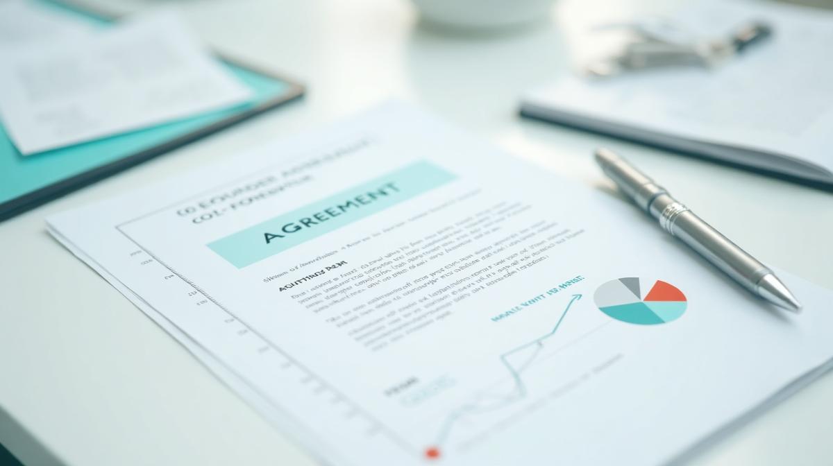 Professional desk with co-founder agreement, vesting schedule timeline, equity pie charts, and fountain pen