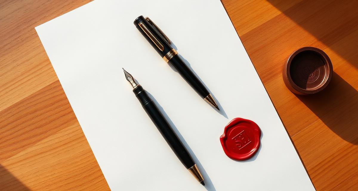 Two fountain pens on white contract document with red wax seal on wooden desk