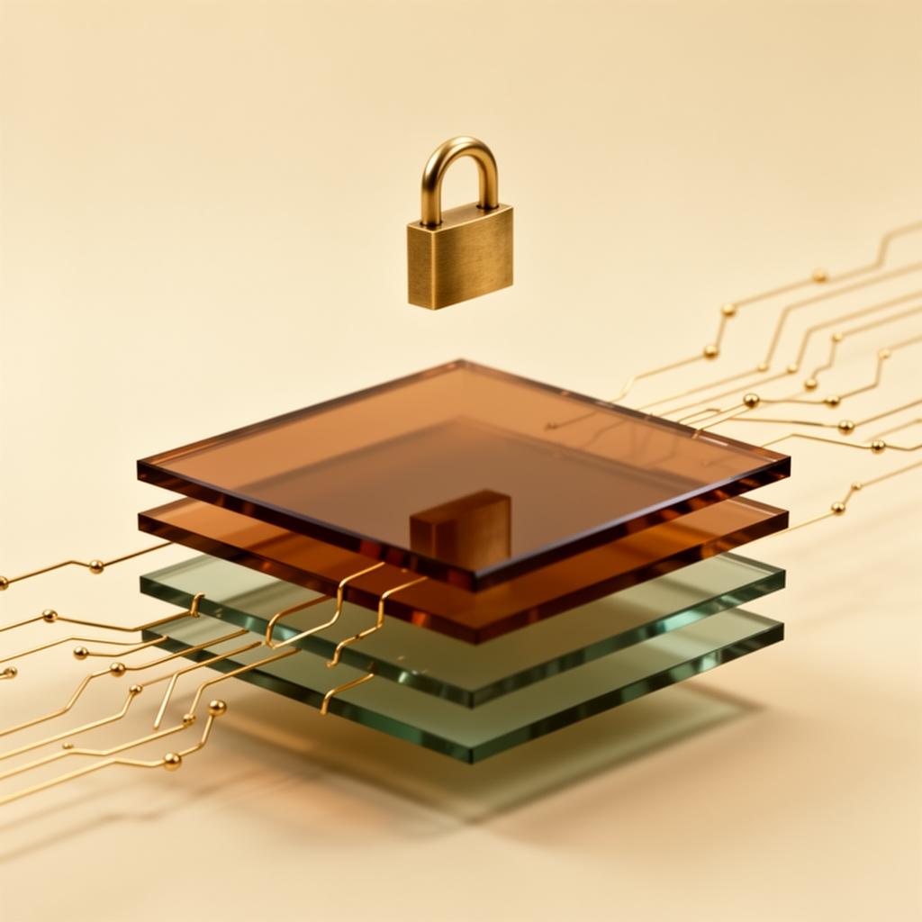 Abstract editorial illustration of stacked translucent contract layers connected by data lines with a padlock, representing a GDPR data processing agreement