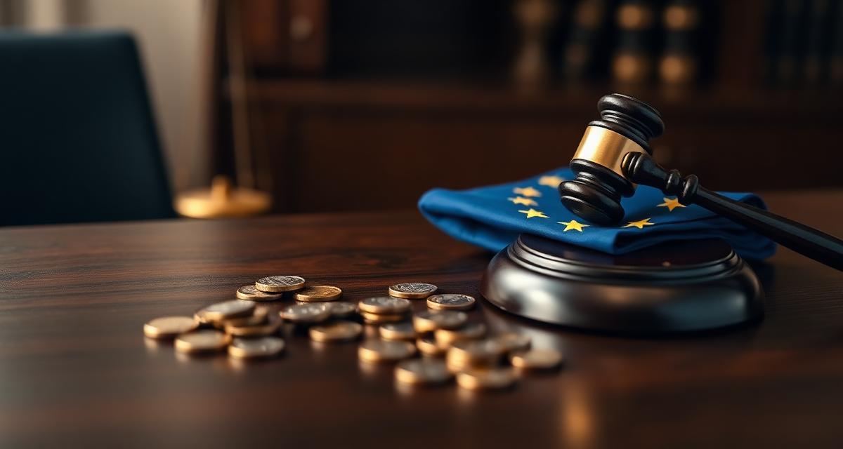 EU flag with brass gavel and euro coins on mahogany desk representing GDPR enforcement