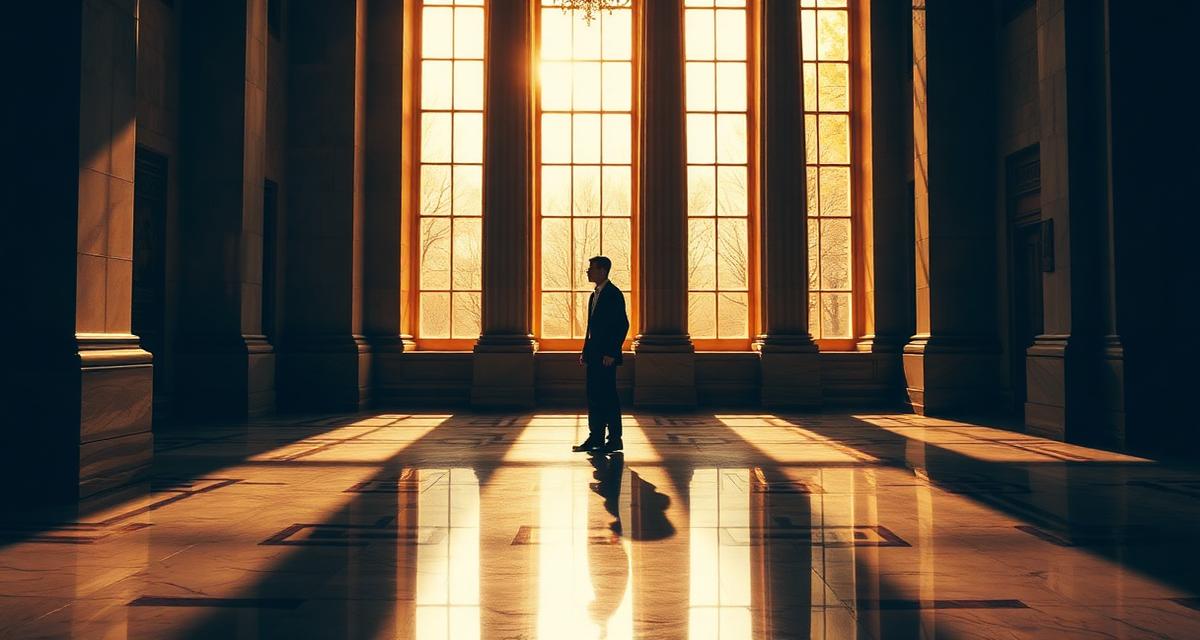 Silhouette of person in grand courthouse with golden light streaming through tall windows