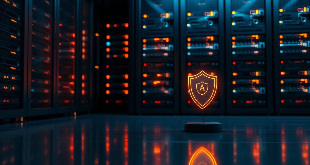 Data center server rack with amber lighting and shield hologram representing AI data protection