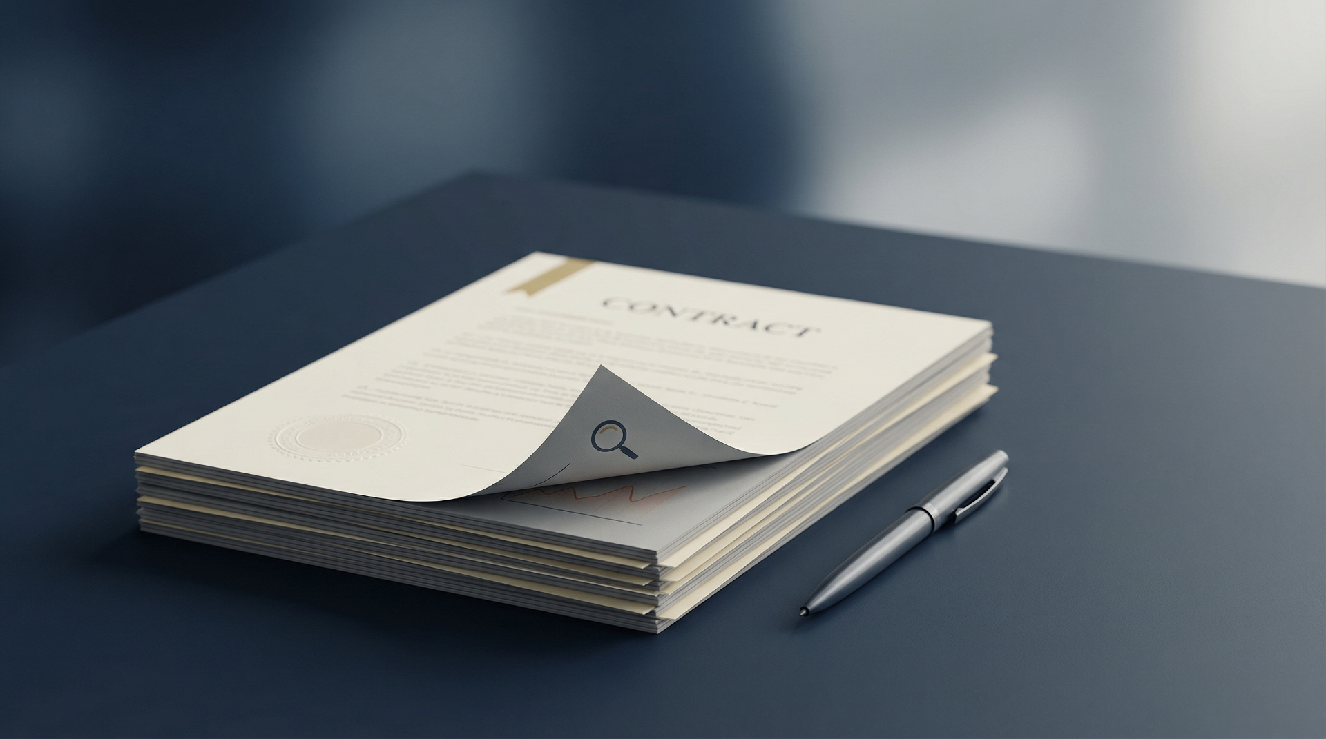Stack of contract documents with magnifying glass and pen on professional desk