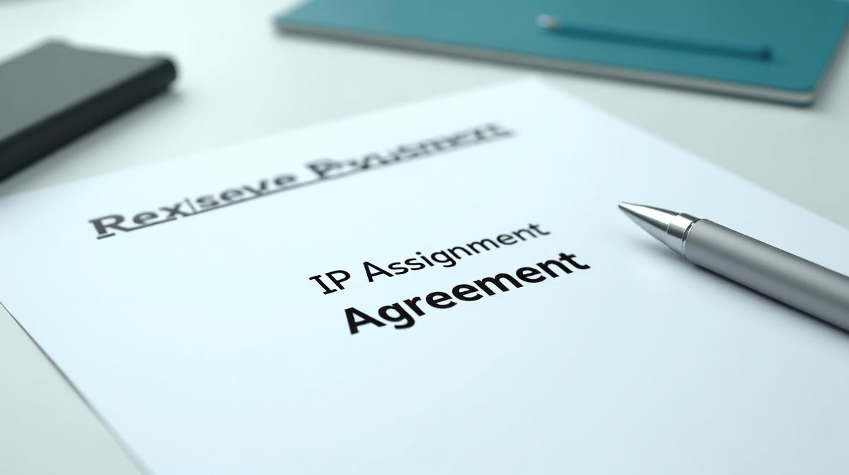 Legal document labeled IP Assignment Agreement with startup logo representing intellectual property transfer