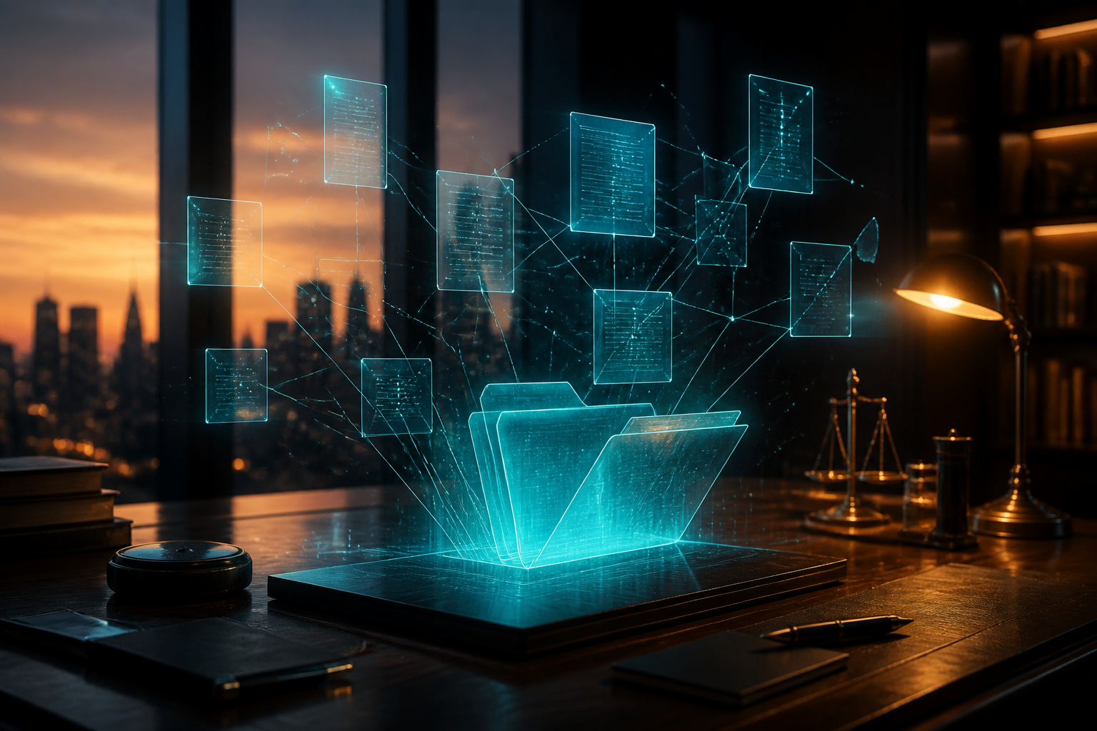 Holographic legal folder opening into a connected network of document panels above a wooden desk at dusk
