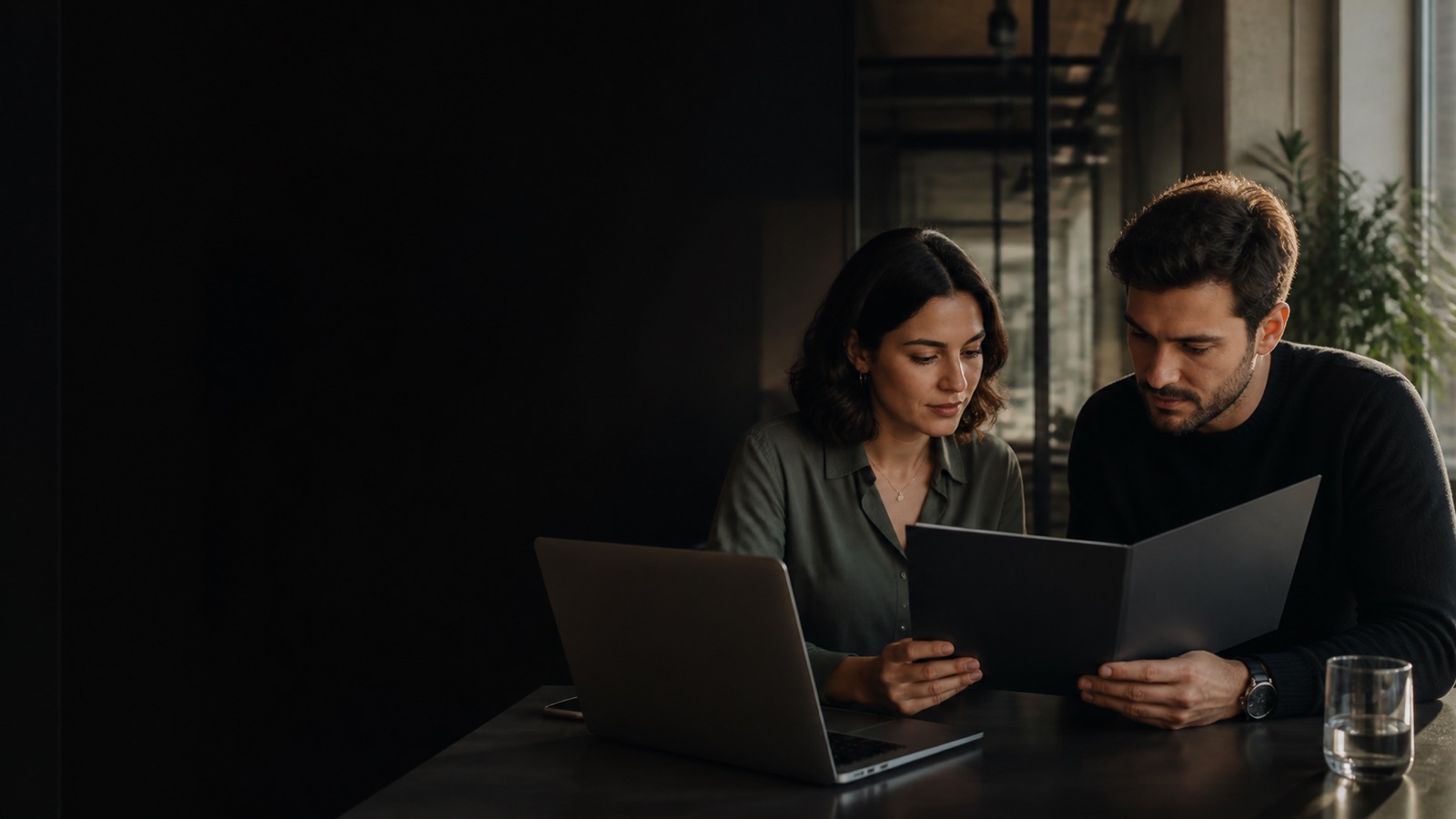 Two startup operators reviewing hiring documents at a desk in a dark Lisbon workspace