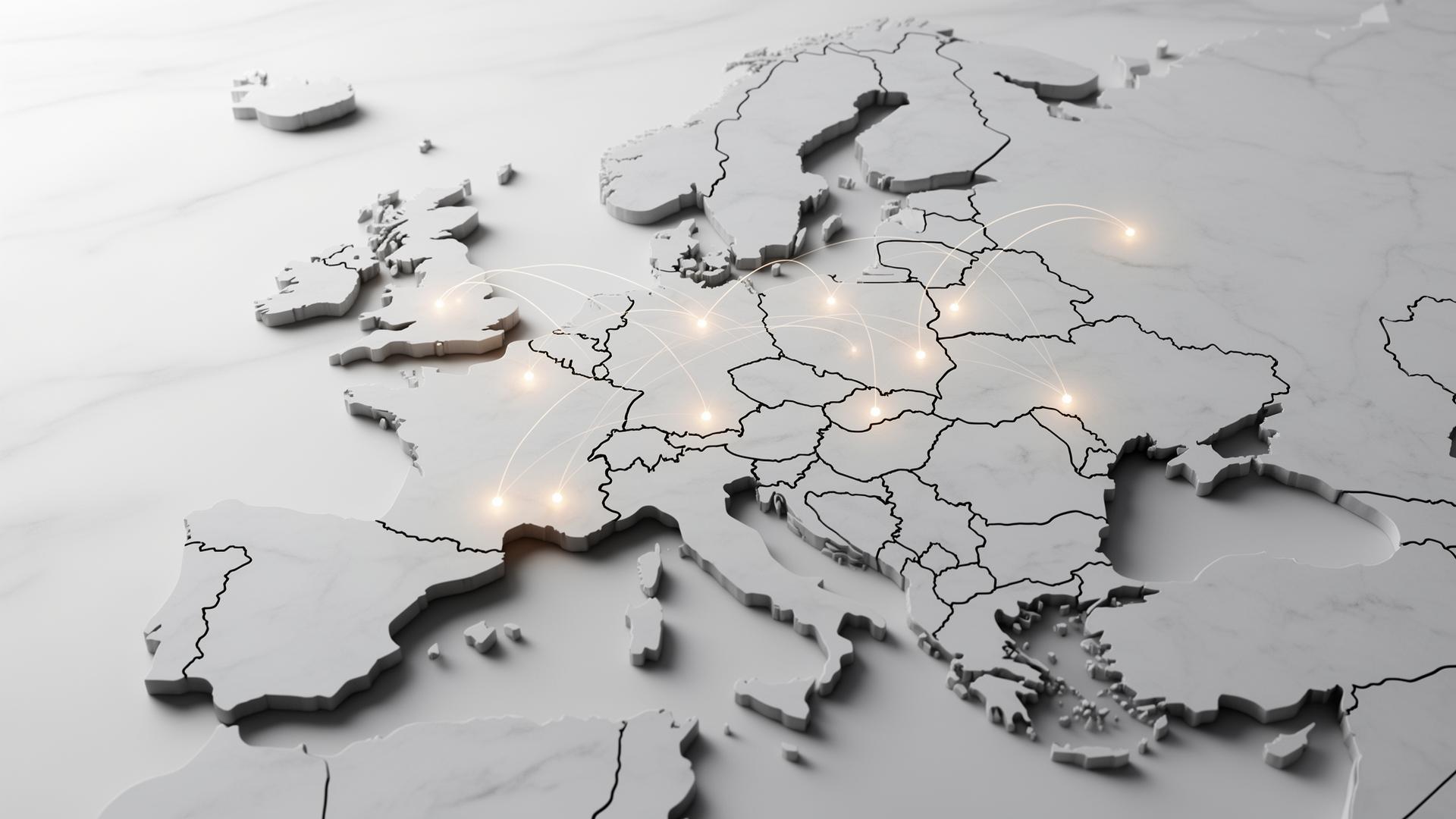 3D render of European map showing UK, France and Germany with glowing nodes representing cross-border financial connections