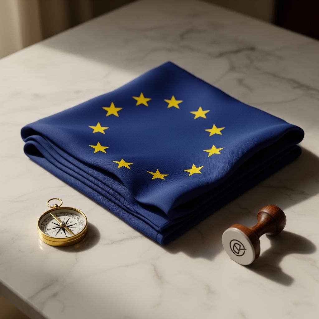 EU flag folded on marble surface with golden compass and corporate seal — representing the S.EU company form under Europe's 28th Regime