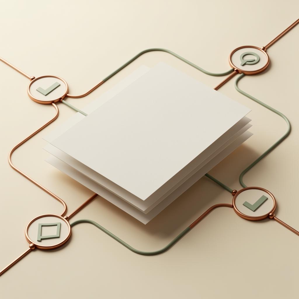 Abstract editorial illustration of a contract review workflow with routing nodes and approval checkpoints