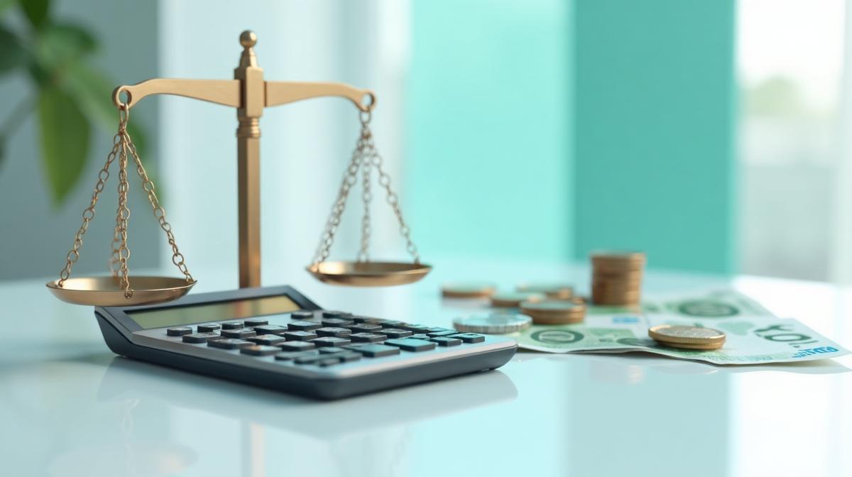 Calculator with Euro currency symbols and legal scales representing startup legal cost calculation in Europe