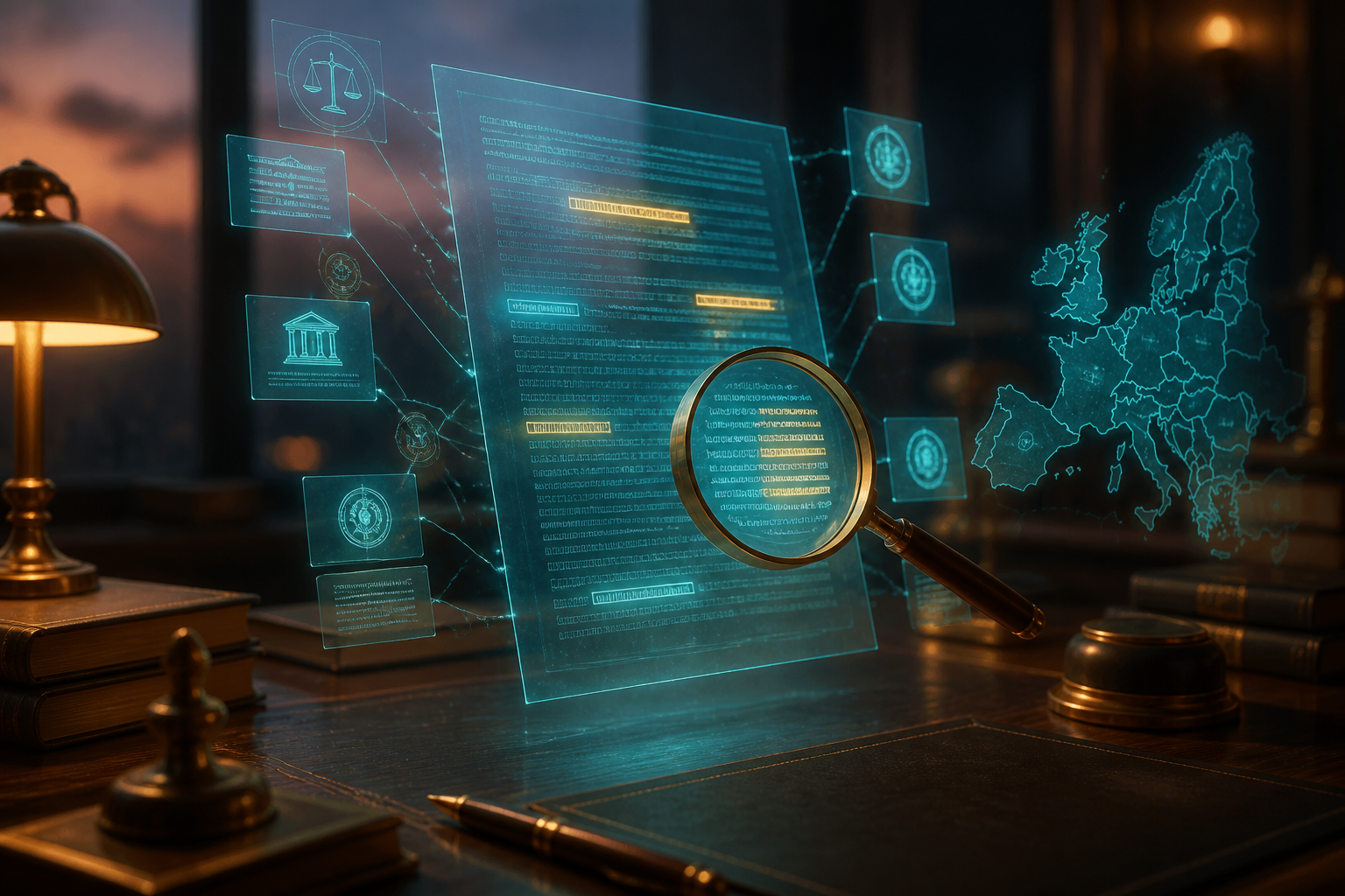 Holographic legal document with source citation chips, magnifying lens over highlighted clauses, and a glowing map of Europe on a dusk-lit wooden desk