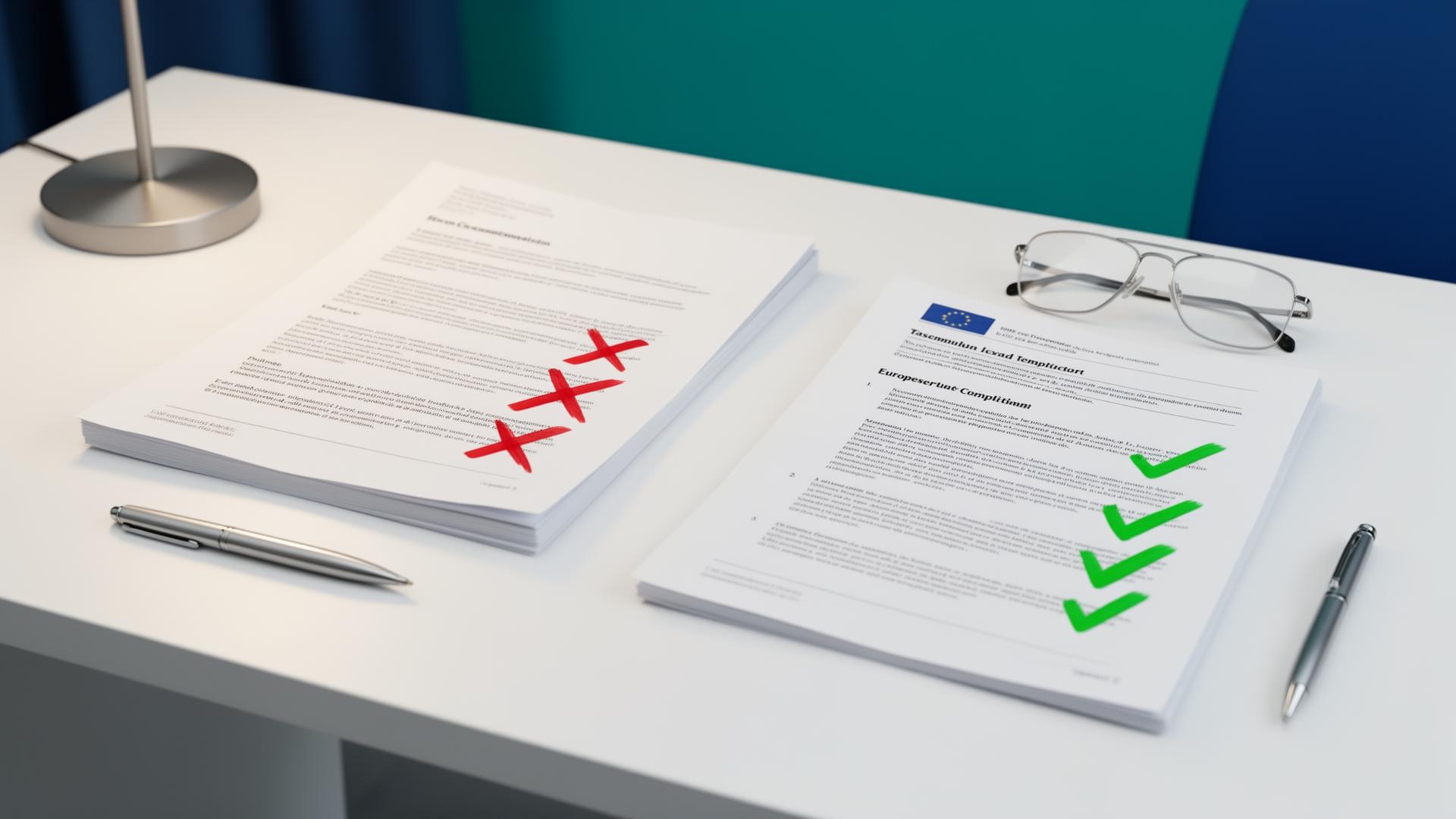 Documentos jurídicos americanos com X vermelho contrastados com templates europeus conformes com marcas verdes numa secretária moderna
