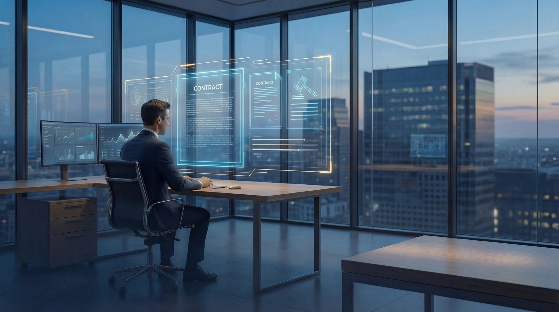 Professional reviewing holographic legal contracts and documents in modern office