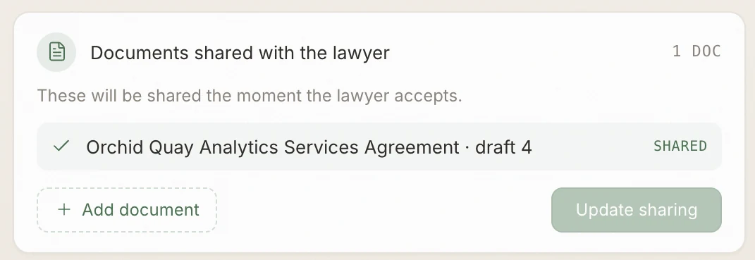 Documents shared with the lawyer: Orchid Quay Analytics Services Agreement, draft 4, shared the moment the lawyer accepts.