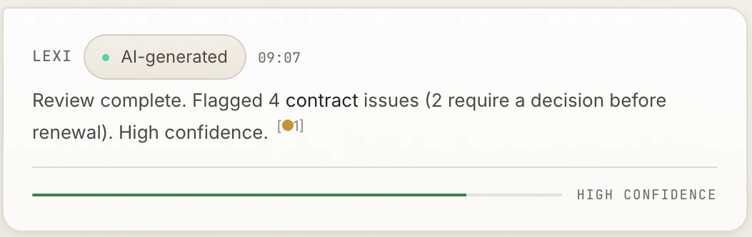 Lexi, AI-generated: Review complete. Flagged 4 contract issues (2 require a decision before renewal). High confidence.