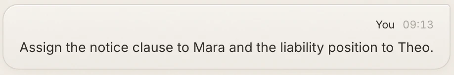 Next actions: Notice clause assigned to Mara; liability terms assigned to Theo.