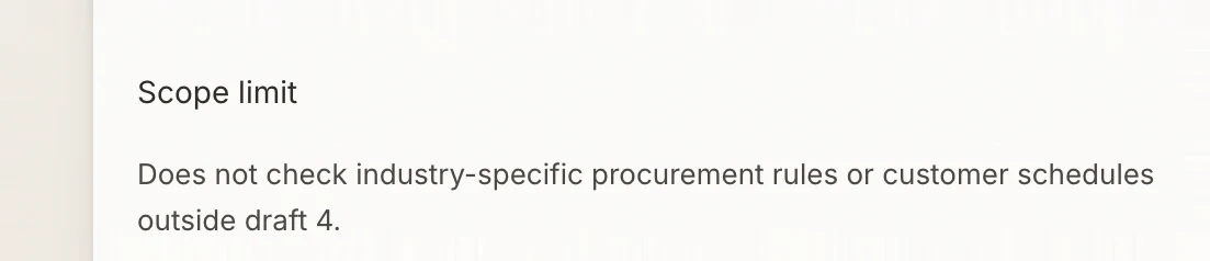 Scope limit: Does not check industry-specific procurement rules or customer schedules outside draft 4.