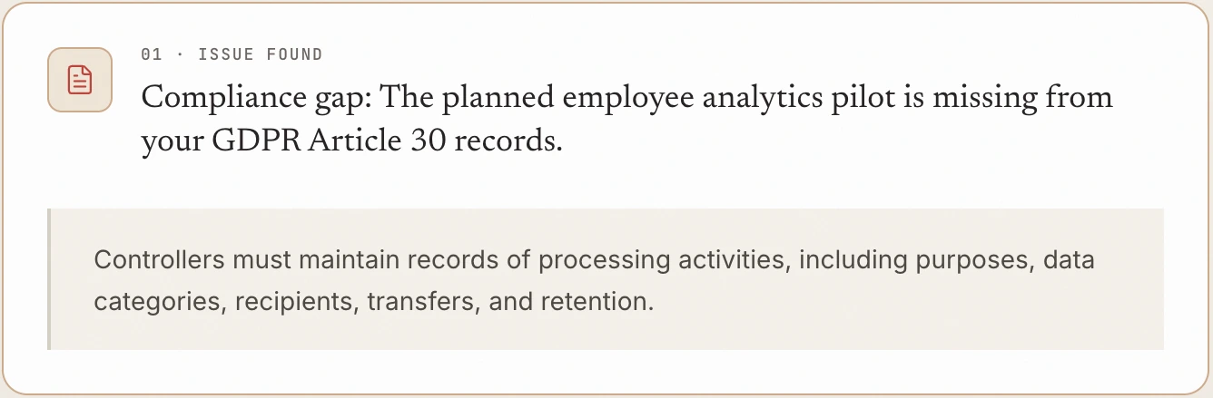 Outlex GDPR compliance gap check showing Article 30 and Article 35 requirements