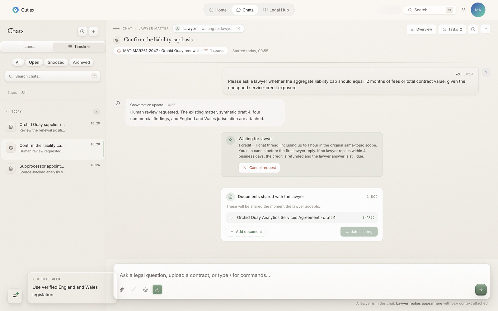 Outlex human-review preview with the matter, documents, findings, jurisdiction, and unresolved decision attached.
