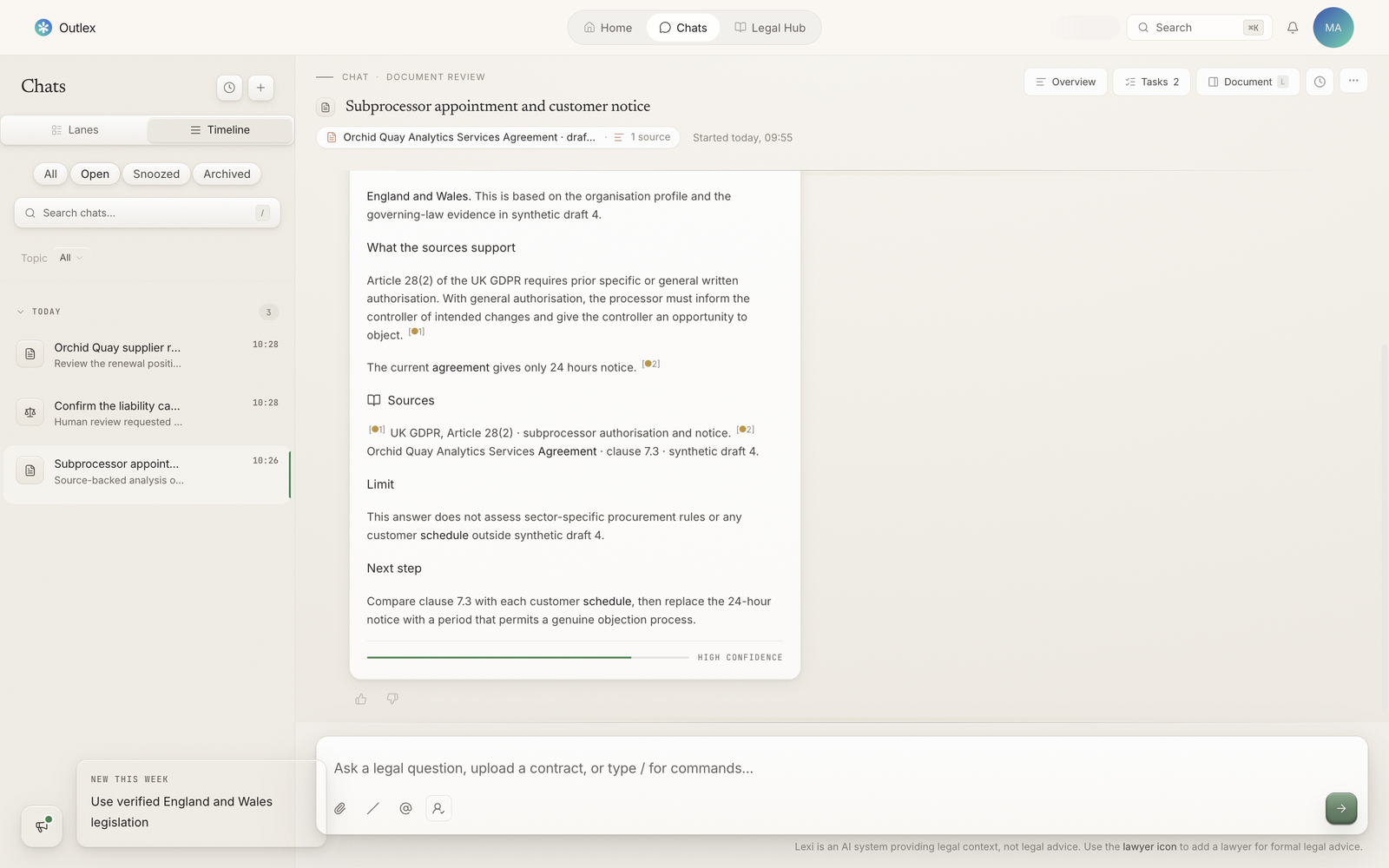Lexi answer showing jurisdiction, cited sources, a stated limit, confidence, and next step.